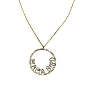 Mama Bird Circle Pendant Long Chain Necklace Hammered Gold Tone 32- 34 Inches